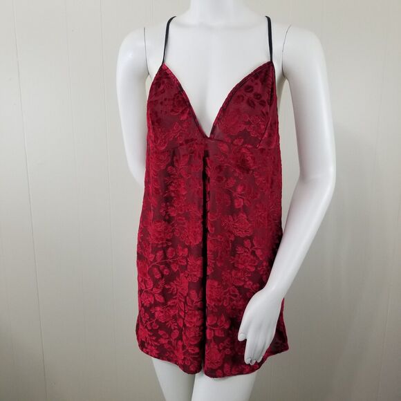 PETRA Babydoll Set XL Red Lingerie Nighty Velvet Brocade Semi-sheer Negligee 2pc - Picture 2 of 10